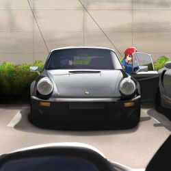 Rule 34 | 2girls, blue dress, blue hair, bocchi the rock!, brown eyes, bush, car, collarbone, commentary, dress, english commentary, expressionless, hair behind ear, highres, kita ikuyo, leaning forward, motor vehicle, multiple girls, one side up, parking lot, porsche, porsche 911, porsche 930, red hair, shadow, sitting, toyeeta prius, vehicle focus, yamada ryo