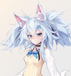 Rule 34 | 1girl, animal ears, beige vest, blue bow, blue bowtie, blue eyes, blush, bow, bowtie, chun bae, collared shirt, fox ears, fox girl, girls&#039; frontline, hair ornament, hairclip, heart, heart-shaped pupils, looking at viewer, medium hair, official alternate costume, pa-15 (girls&#039; frontline), pa-15 (high school thrills) (girls&#039; frontline), pout, school uniform, shirt, silver hair, simple background, solo, standing, striped clothes, striped vest, symbol-shaped pupils, twintails, upper body, vertical-striped clothes, vertical-striped vest, vest, white shirt