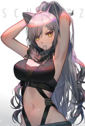 Rule 34 | 1girl, animal ears, arknights, armpits, arms up, black scarf, breasts, cat ears, character name, closed mouth, gradient background, hair tie, hairdressing, highres, large breasts, long hair, looking at viewer, mouth hold, navel, ponytail, revealing clothes, scarf, schwarz (arknights), serious, silver hair, solo, stomach, striped clothes, striped scarf, tying hair, underbust, upper body, v-shaped eyebrows, very long hair, white background, xtears kitsune, yellow eyes
