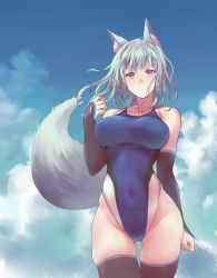 Rule 34 | 1girl, animal ear fluff, animal ears, bare shoulders, black thighhighs, blue sky, blue one-piece swimsuit, breasts, bridal gauntlets, cloud, competition swimsuit, covered navel, cowboy shot, day, extra ears, fox ears, fox girl, fox tail, highleg, highleg swimsuit, large breasts, long hair, looking at viewer, one-piece swimsuit, original, sawaya (mizukazu), silver hair, sky, solo, standing, swimsuit, tail, thighhighs, yellow eyes