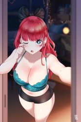 Rule 34 | 1girl, black bow, bow, breasts, cleavage, curvy, earrings, hair bow, highres, jewelry, kenron toqueen, large breasts, navel, open mouth, original, red hair, solo, thick thighs, thighs, tomatita