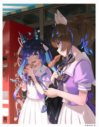 Rule 34 | 2girls, ahoge, animal ears, bag, blue eyes, blue hair, bow, bowtie, breasts, brown hair, cellphone, colored inner hair, comiket 102, convenience store, daitaku helios (umamusume), ear covers, english text, food, hair ornament, hairclip, harusame tsubaki, heterochromia, highres, holding, holding food, holding phone, horse ears, mouth hold, multicolored hair, multiple girls, open mouth, outdoors, papico (ice cream), phone, ponytail, purple eyes, purple shirt, sailor collar, school uniform, shade, sharp teeth, shirt, shop, short sleeves, shoulder bag, skirt, small breasts, smartphone, smile, streaked hair, teeth, tracen school uniform, twin turbo (umamusume), twintails, umamusume, upper body, vending machine, white skirt, yellow eyes
