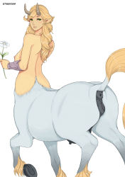 Rule 34 | 1girl, artist name, ass, blonde hair, blush, breasts, centaur, etheross, female focus, flower, from behind, green eyes, hand up, highres, holding, hooves, horns, horse pussy, horse tail, lips, long hair, looking at viewer, looking back, looking to the side, medium breasts, monster girl, nipples, nude, pointy ears, pussy, simple background, smile, solo, standing, tail, taur, teeth, text focus, uncensored, watermark, white background, white flower