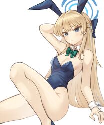 Rule 34 | 1girl, animal ears, arm behind head, bare shoulders, blonde hair, blue archive, blue eyes, blue hair, blue halo, blue leotard, bow, bowtie, braid, breasts, cleavage, closed mouth, detached collar, fake animal ears, foot out of frame, green bow, green bowtie, halo, highleg, highleg leotard, highres, korean commentary, leotard, long hair, looking at viewer, medium breasts, multicolored hair, playboy bunny, rabbit ears, simple background, solo, sookmo, streaked hair, thighs, toki (blue archive), toki (bunny) (blue archive), white background, wrist cuffs