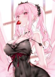 Rule 34 | 1girl, absurdres, artist name, bare shoulders, black choker, black nightgown, black tiara, blush, breasts, choker, cleavage, collarbone, commentary, curtains, earrings, english commentary, food, food in mouth, fruit, highres, holding, hololive, hololive english, indoors, jewelry, kamiya maneki, lace-trimmed nightgown, large breasts, long hair, looking at viewer, mixed-language commentary, mori calliope, mori calliope (sleepwear), morning, mouth hold, nightgown, official alternate costume, pink eyes, pink hair, red eyes, revision, sideboob, signature, skull choker, skull collar, skull earrings, sleepwear, solo, strawberry, tiara, twintails, twitter username, virtual youtuber, window