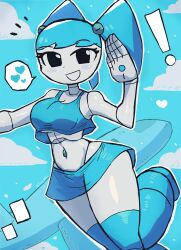 Rule 34 | !, 1girl, absurdres, aircraft, airplane, black eyes, blue footwear, blue hair, blue shirt, blue skirt, blush, boots, breasts, cleavage, cloud, colored skin, crop top, flying, heart, highres, jenny wakeman, long hair, looking at viewer, medium breasts, midriff, my life as a teenage robot, navel, nickelodeon, open mouth, robot, shirt, skirt, sky, sleeveless, sleeveless shirt, smile, spoken heart, standing, standing on one leg, thick thighs, thigh boots, thighs, tony welt, twintails, waving, white skin