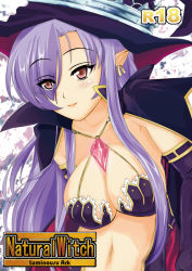 Rule 34 | breasts, cover, crown, earrings, fatima, hair over one eye, hat, jewelry, long hair, luminous arc, luminous arc 2, navel, pointy ears, purple hair, red eyes, witch hat