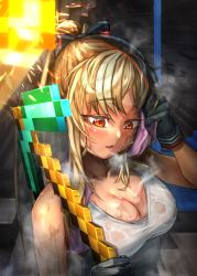 Rule 34 | 1girl, black gloves, blonde hair, blush, bow, breasts, cleavage, dark-skinned female, dark skin, gloves, hair bow, highres, hololive, hololive fantasy, looking down, medium breasts, minecraft, minecraft pickaxe, nervous sweating, omizunomunomu, open mouth, pickaxe, ponytail, red eyes, see-through, shiranui flare, steam, steaming body, sweat, sweaty clothes, tank top, towel, very sweaty, virtual youtuber, white tank top, wiping face, wiping sweat
