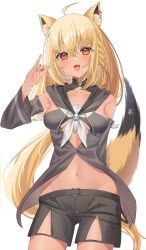 Rule 34 | 1girl, ahoge, alternate color, alternate eye color, alternate hair color, animal ear fluff, animal ears, black hoodie, black shorts, blonde hair, blush, braid, breasts, commentary request, earrings, fang, fox ears, fox girl, fox shadow puppet, fox tail, hair between eyes, highres, hololive, hood, hoodie, jewelry, long hair, looking at viewer, midriff, mui maru, navel, neckerchief, open mouth, pentagram, red eyes, shirakami fubuki, short shorts, shorts, sidelocks, simple background, single braid, small breasts, solo, tail, virtual youtuber, white background, white neckerchief