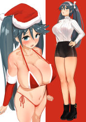 Rule 34 | 1girl, alternate costume, arm warmers, bikini, black footwear, black shorts, blue eyes, blue hair, blue nails, blush, boots, breasts, christmas, cleavage, commentary request, hair between eyes, hat, highres, isuzu (kancolle), kantai collection, large breasts, long hair, looking at viewer, multiple views, open mouth, osananajimi neko, red bikini, ribbed sweater, santa hat, short shorts, shorts, side-tie bikini bottom, simple background, standing, sweat, sweater, swimsuit, turtleneck, turtleneck sweater, twintails, two-tone background
