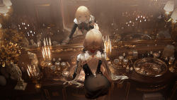 Rule 34 | 1girl, absurdres, ata-zhubo, black dress, blonde hair, candle, candlestand, commentary request, counter, dress, highres, indoors, lamp, long hair, looking at mirror, mirror, original, reflection, sink, solo, twintails
