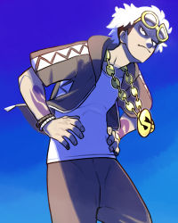 Rule 34 | 1boy, brown hair, closed mouth, commentary request, creatures (company), donnpati, fingernails, game freak, guzma (pokemon), hands on own hips, highres, light frown, male focus, multicolored hair, nintendo, pants, pokemon, pokemon sm, shirt, short sleeves, solo, sunglasses, team skull, two-tone hair, white hair, white shirt, yellow-framed eyewear