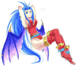 Rule 34 | 1girl, a-kudachi, armpits, arms behind head, bat wings, blue eyes, blue hair, breath of fire, breath of fire ii, leotard, long hair, lowres, matching hair/eyes, patty the phantom thief, shoes, simple background, solo, thighhighs, wings