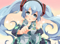 Rule 34 | 1girl, aqua eyes, aqua hair, arm behind back, bad id, bad pixiv id, detached sleeves, foreshortening, hatsune miku, head tilt, headset, heart, heart-shaped pupils, long hair, necktie, open mouth, pointing, solo, symbol-shaped pupils, twintails, umiko (munemiu), very long hair, vocaloid
