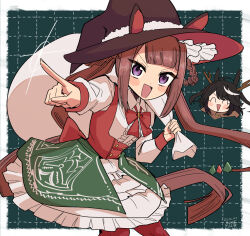 Rule 34 | 2girls, :d, ^ ^, ahoge, alternate costume, animal ears, artist name, bag, black hair, bow, bowtie, brown hair, buttons, center frills, closed eyes, dated, double-breasted, dress, frills, hair rings, hat, highres, holding, holding bag, horse ears, horse girl, horse tail, kitasan black (umamusume), kudach i, long hair, long sleeves, multicolored hair, multiple girls, open mouth, pointing, purple eyes, red bow, red bowtie, shirt, short hair, smile, streaked hair, sweep tosho (umamusume), tail, twintails, two-tone hair, umamusume, white hair, white shirt, witch hat