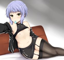 Rule 34 | 1girl, bare shoulders, black jacket, black shirt, black skirt, black thighhighs, blush, breasts, closed mouth, clothes lift, commentary request, condom, condom in mouth, condom wrapper, crop top, feet out of frame, garter straps, idolmaster, idolmaster million live!, jacket, lockheart, looking at viewer, makabe mizuki, midriff, mouth hold, navel, nipples, off shoulder, open clothes, open jacket, pencil skirt, purple hair, reaching, reaching towards viewer, selfie, shirt, shirt lift, sidelocks, skirt, small breasts, solo, thighhighs, yellow eyes