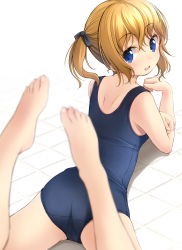 Rule 34 | 1girl, :d, ass, back, barefoot, blue eyes, blue one-piece swimsuit, blurry, blush, cameltoe, crotch seam, depth of field, feet, feet up, from behind, full-face blush, hair between eyes, highres, looking at viewer, looking back, lying, on floor, on stomach, one-piece swimsuit, open mouth, original, school swimsuit, shibacha, shoulder blades, sidelocks, smile, solo, spread legs, swimsuit, tile floor, tiles