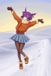 Rule 34 | 1girl, animated, animated gif, boots, coat, green eyes, iichan.ru, jacket, lowres, mascot, mittens, outstretched arms, pantyhose, purple hair, ru-chans, short, skirt, snow, solo, spread, unyl-chan