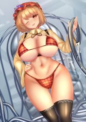 Rule 34 | 1girl, ;p, aki minoriko, bikini, black thighhighs, blonde hair, breasts, cleavage, food, fruit, grapes, groin, hair ornament, hand on own hip, hat, highres, holding, holding hose, hose, huge breasts, long sleeves, looking at viewer, mob cap, navel, one eye closed, plaid, plaid bikini, red bikini, red eyes, red hat, shirt, short hair, shounen (hogehoge), smile, solo, standing, swimsuit, thighhighs, tongue, tongue out, touhou, water, x hair ornament, yellow shirt