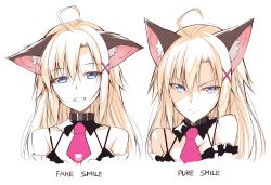 Rule 34 | ahoge, animal ears, bare shoulders, belt collar, black bra, blonde hair, blue eyes, bra, breasts, cat ears, cleavage, closed mouth, collar, detached collar, ears down, english text, evil smile, hair between eyes, hair ornament, halterneck, head tilt, highres, long hair, looking at viewer, multiple views, ohta yuichi, original, pink neckwear, simple background, slit pupils, smile, underwear, v-shaped eyebrows, white background, x hair ornament