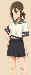 Rule 34 | 10s, 1girl, akitetsu, brown hair, commentary request, fubuki (kancolle), glaring, hand on own hip, highres, kantai collection, looking at viewer, midriff, navel, ponytail, school uniform, short hair, skirt, solo