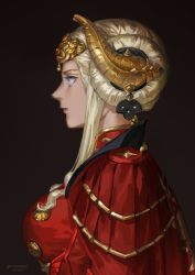 Rule 34 | 1girl, ascot, black background, blonde hair, blue eyes, breasts, cape, commentary request, edelgard von hresvelg, fire emblem, fire emblem: three houses, from side, hair bun, hair ornament, highres, jacket, jane mere, large breasts, nintendo, profile, red cape, red jacket, sidelocks, single hair bun, solo
