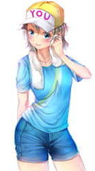 Rule 34 | 10s, 1girl, absurdres, arm behind back, baseball cap, blue eyes, blue shirt, blue shorts, blush, brown hair, character name, collarbone, contrapposto, cowboy shot, hachinatsu, hair between eyes, hat, highres, looking at viewer, love live!, love live! school idol festival, love live! sunshine!!, shirt, short hair, shorts, simple background, smile, solo, standing, sweat, t-shirt, teeth, towel, towel around neck, watanabe you, white background