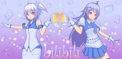 Rule 34 | 2girls, ahoge, bare shoulders, bili girl 22, bili girl 33, bilibili, black legwear, blue hair, blue necktie, blue skirt, breasts, closed mouth, copyright name, cup, drinking glass, flat chest, gloves, highres, holding, holding cup, holding drinking glass, long hair, looking at viewer, medium breasts, multiple girls, necktie, parted lips, puffy short sleeves, puffy sleeves, red eyes, short hair, short ponytail, short sleeves, side ponytail, skirt, smile, thighhighs, white gloves, zhu xiao tian crazy
