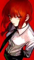 Rule 34 | 1girl, black necktie, black pants, braid, breasts, chainsaw man, collared shirt, highres, lips, looking at viewer, makima (chainsaw man), necktie, pants, purin (iddunpg), red background, red eyes, red hair, red theme, ringed eyes, shirt, solo, white shirt, wing collar
