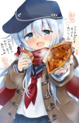 Rule 34 | 1girl, anchor symbol, blue eyes, blue hat, blue sailor collar, blue skirt, blush, brown jacket, flat cap, food, hair between eyes, hat, hibiki (kancolle), highres, hizuki yayoi, holding, holding food, jacket, kantai collection, long hair, long sleeves, neckerchief, open mouth, red neckerchief, red scarf, sailor collar, scarf, school uniform, serafuku, silver hair, simple background, skirt, solo, steam, translation request