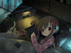 Rule 34 | 1girl, aikei ake, ake, alarm clock, animal, bed, blanket, blush, brown hair, cat, cd, cd case, cd player, clock, hair ornament, hairclip, jigsaw puzzle, lying, night, original, pillow, polka dot, puzzle, red eyes, sidelocks, smile, solo, under covers, window