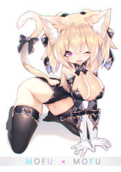 Rule 34 | 1girl, all fours, animal ear fluff, animal ears, blonde hair, blush, breasts, cat ears, cat tail, cleavage, detached collar, detached sleeves, fang, gloves, hair ribbon, hanging breasts, large breasts, looking at viewer, mamuru, one eye closed, open mouth, original, red eyes, ribbon, short hair, short twintails, solo, tail, tail ornament, tail ribbon, thighhighs, twintails