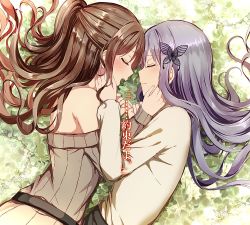 Rule 34 | 2girls, bang dream!, beige shirt, belt, brown hair, brown sweater, butterfly hair ornament, closed eyes, face-to-face, grey hair, hair ornament, half updo, hand on another&#039;s cheek, hand on another&#039;s face, hands on another&#039;s face, head wreath removed, highres, imai lisa, long hair, long sleeves, lying, mia (fai1510), minato yukina, multiple girls, off-shoulder sweater, off shoulder, on ground, on side, open mouth, outdoors, pinky swear, ribbed sweater, sidelocks, smile, sweater, tears, translation request, upper body, yuri