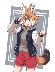 Rule 34 | 1girl, acesrulez, animal ear fluff, animal ears, blue jacket, blush, brown eyes, brown hair, commentary request, cowboy shot, dhole (kemono friends), dog ears, dog girl, dog tail, drawstring, grey hoodie, hair between eyes, highres, hood, hood down, hoodie, jacket, kemono friends, kemono friends 3, letterman jacket, light brown hair, long sleeves, multicolored clothes, multicolored hair, official alternate costume, red shorts, salute, shorts, solo, tail, white hair, white jacket, white sleeves