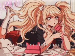 Rule 34 | 1990s (style), 1girl, :o, artist name, black shirt, breasts, character name, cleavage, collarbone, commentary, criis-chan, danganronpa: trigger happy havoc, danganronpa (series), enoshima junko, holding, holding phone, kneehighs, long hair, looking at viewer, lying, monokuma, no shoes, on stomach, phone, pleated skirt, retro artstyle, shirt, short sleeves, skirt, socks, solo, symbol-only commentary, teeth, twintails, upper teeth only
