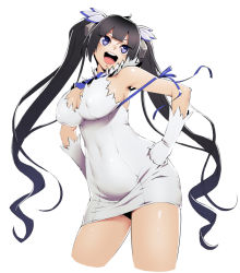 Rule 34 | 10s, 1girl, :d, arm ribbon, bare shoulders, black hair, blue eyes, bow, breasts, chyko7080, cleavage, cleavage cutout, clothing cutout, covered navel, cropped legs, dress, dungeon ni deai wo motomeru no wa machigatteiru darou ka, female focus, gloves, hair ornament, hair ribbon, hands on own hips, hestia (danmachi), large breasts, long hair, open mouth, rei no himo, ribbon, short dress, simple background, sleeveless, sleeveless dress, smile, solo, twintails, very long hair, white background, white dress, white gloves