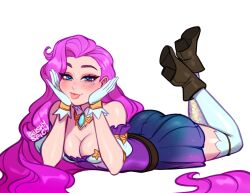 Rule 34 | 1girl, artist name, bare shoulders, blue eyes, blush, boots, breasts, cleavage, gloves, jewelry, league of legends, long hair, looking at viewer, lying, medium breasts, necklace, pink hair, seductive smile, seraphine (league of legends), short sleeves, simple background, skirt, smile, solo, star (symbol), thighhighs, tongue, tongue out, very long hair, white thighhighs