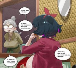 Rule 34 | 1boy, 2girls, arms behind back, ball, black hair, bowl, breasts, clothes lift, commentary, eating, english text, enta (nia), food, glasses, grandmother and granddaughter, grey hair, hairband, highres, huge breasts, indoors, jewelry, kotatsu, large breasts, looking at another, multiple girls, necklace, nia (nia4294), old, old woman, opaque glasses, open clothes, open shirt, original, purple hair, red hairband, red shirt, rug, segmented comic, shirt, shirt lift, short hair, speech bubble, symbol-only commentary, table, typo, under kotatsu, under table, yellow-framed eyewear