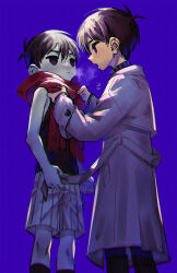Rule 34 | 2boys, :|, adjusting scarf, alternate costume, antenna hair, bare arms, bare shoulders, black eyes, black hair, black pants, black socks, black tank top, breath, child, chromatic aberration, closed mouth, clothes grab, coat, colored skin, commentary request, dual persona, expressionless, eye contact, feet out of frame, from below, grey skin, highres, kneehighs, long sleeves, looking at another, male focus, multiple boys, omori, omori (omori), open mouth, pants, profile, purple background, red scarf, scarf, short hair, shorts, simple background, socks, standing, striped clothes, striped shorts, sunny (omori), tank top, toastytoast, white coat, white shorts