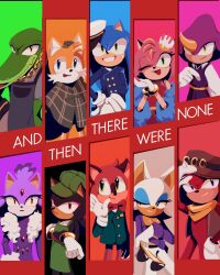 Rule 34 | 3girls, 6+boys, amy rose, animal ears, animal nose, blaze the cat, blue eyes, blue jacket, breasts, brown capelet, capelet, cat girl, chameleon boy, closed mouth, commentary request, cowboy hat, crocodile boy, english text, espio the chameleon, fox boy, fox ears, furry, furry female, furry male, gloves, green eyes, hat, highres, jacket, knuckles the echidna, korean commentary, looking at viewer, medium breasts, multiple boys, multiple girls, one eye closed, open mouth, peaked cap, plaid capelet, protagonist (the murder of sonic the hedgehog), purple eyes, red eyes, reptile boy, rouge the bat, shadow the hedgehog, smile, sonic (series), sonic the hedgehog, sunglasses, tails (sonic), the murder of sonic the hedgehog, tongue, tongue out, vector the crocodile, white gloves, yangfaa sonic, yellow eyes