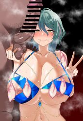 Rule 34 | 1girl, absurdres, bar censor, breasts, censored, condom, dead or alive, green hair, highres, huge breasts, penis, stray pubic hair, tamaki (doa), testicles, used condom