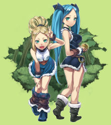 Rule 34 | 2girls, :d, apple, aqua hair, bare legs, blonde hair, blue hair, boots, china dress, chinese clothes, dress, fang, food, fruit, golden apple, green eyes, idunn &amp; idunna, leaning forward, legs, multiple girls, open mouth, puzzle &amp; dragons, side slit, sleeveless, smile, tama1130, twintails, wristband