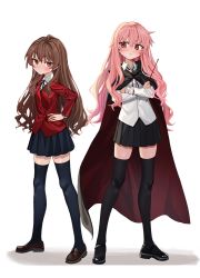 Rule 34 | 2girls, aisaka taiga, black cape, black footwear, black legwear, black ribbon, black skirt, blazer, blush, brown eyes, brown footwear, brown hair, cape, closed mouth, collared shirt, crossed arms, crossover, dress shirt, hair between eyes, hand up, highres, jacket, kugimiya rie, loafers, long hair, long sleeves, looking at viewer, louise francoise le blanc de la valliere, luicent, multiple girls, neck ribbon, pink hair, pleated skirt, red cape, red eyes, red jacket, ribbon, school uniform, shirt, shoes, skirt, standing, thighhighs, toradora!, v-shaped eyebrows, very long hair, voice actor connection, white background, white shirt, zero no tsukaima