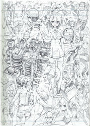 Rule 34 | 6+boys, 6+girls, absurdres, bald, building, city, dress, glasses, grin, hat, highres, lined paper, long hair, monochrome, multiple boys, multiple girls, necktie, open mouth, original, pleated skirt, topless male, short hair, shorts, sketch, skirt, smile, standing, thighhighs, tomioka jirou, traditional media