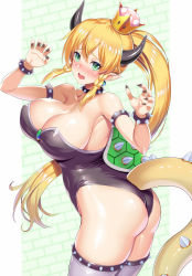 Rule 34 | 1girl, armlet, armpits, ass, black horns, blonde hair, blue eyes, blush, bowsette, bowsette (cosplay), bracelet, braid, breasts, cleavage, clothing cutout, collar, cosplay, cowboy shot, demon horns, embarrassed, fairy, fang, fingernails, from side, green background, grey thighhighs, hair between eyes, highres, horns, jewelry, kawase seiki, large breasts, leafa, legs together, leotard, long ears, long fingernails, long hair, looking at viewer, mario (series), new super mario bros. u deluxe, nintendo, open mouth, outside border, parted bangs, pointy ears, ponytail, side braid, solo, spiked armlet, spiked bracelet, spiked collar, spikes, standing, super crown, sword art online, tail, tail through clothes, thighhighs, thighs, very long hair