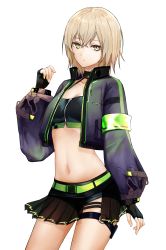 Rule 34 | 1girl, absurdres, arm at side, black gloves, black shorts, blonde hair, breasts, closed mouth, cowboy shot, crop top, cropped jacket, fingerless gloves, gloves, hand up, highres, indie virtual youtuber, jacket, kushinaka, long sleeves, looking at viewer, maomi yuka, navel, o-ring, open clothes, open jacket, short hair, short shorts, shorts, simple background, small breasts, solo, thigh strap, virtual youtuber, white background, yellow eyes