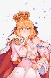 Rule 34 | 1girl, anisphia wynn palettia, aqua eyes, black ribbon, blonde hair, blush, cape, closed mouth, commentary request, cowboy shot, cropped jacket, crown, dress, esther980174, frilled sleeves, frills, fur-trimmed cape, fur trim, hair ribbon, highres, jacket, long sleeves, looking at viewer, medium hair, pink dress, pink jacket, red cape, ribbon, simple background, solo, tensei oujo to tensai reijou no mahou kakumei, white background