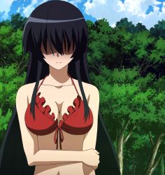 Rule 34 | 10s, 1girl, akame (akame ga kill!), akame ga kill!, bare shoulders, black hair, bra, breasts, cleavage, frills, highres, long hair, red bra, screencap, solo, standing, stitched, swimsuit, third-party edit, underwear