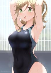 Rule 34 | 1girl, armpits, arms up, black one-piece swimsuit, breasts, collarbone, commentary request, covered navel, cowboy shot, green eyes, highres, inuyama aoi, large breasts, long hair, looking at viewer, nekosination, one-piece swimsuit, open mouth, outdoors, solo, swimsuit, thick eyebrows, twitter username, wet, yurucamp