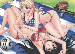 Rule 34 | 2006 fifa world cup, 2girls, american flag, american flag bikini, american flag print, armpits, arms up, ball, barefoot, baseball, baseball bat, bikini, black hair, blanket, blonde hair, breasts, caroline, cleavage, clothes writing, feet, flag print, grass, green eyes, hae-young na, hanging breasts, highres, large breasts, long hair, lying, multiple girls, o-ring, o-ring bottom, on back, outdoors, parted lips, print bikini, purple eyes, side-tie bikini bottom, soccer, soccer ball, soles, soo-hyon lee, swimsuit, teamgeist, toes, unbalance unbalance, unbalance x unbalance, united states, world cup